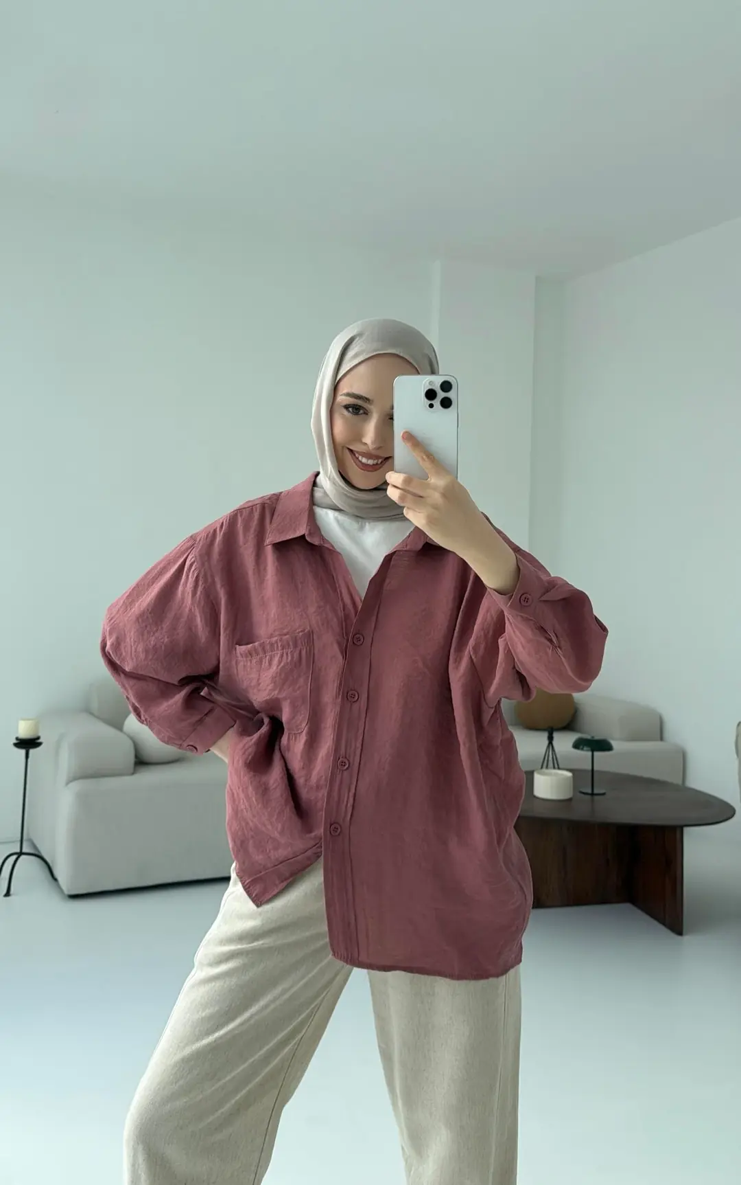 Düşük Omuz Oversize Gömlek Gül Kurusu - Görsel 2