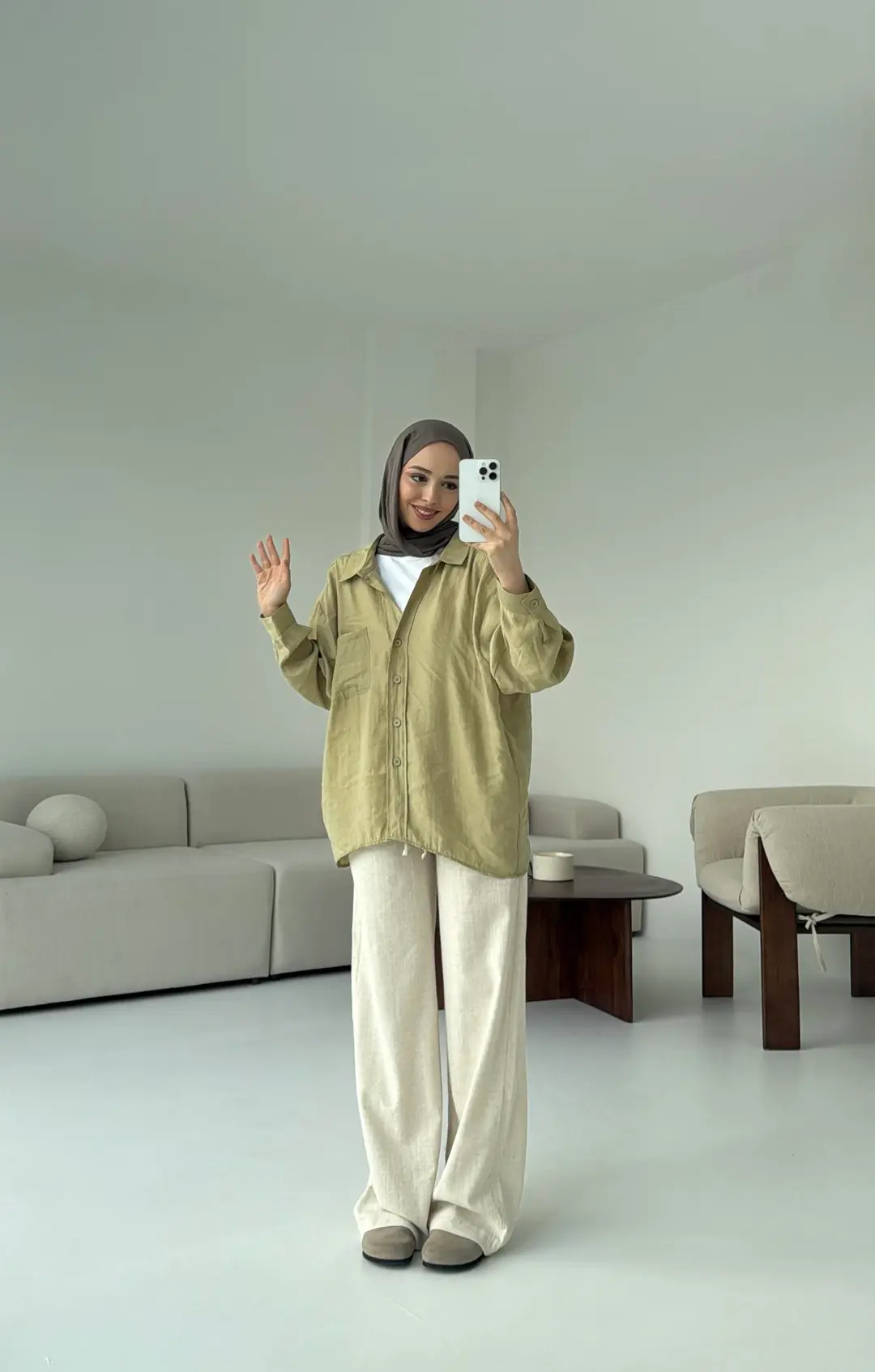 Düşük Omuz Oversize Gömlek Haki - Görsel 4