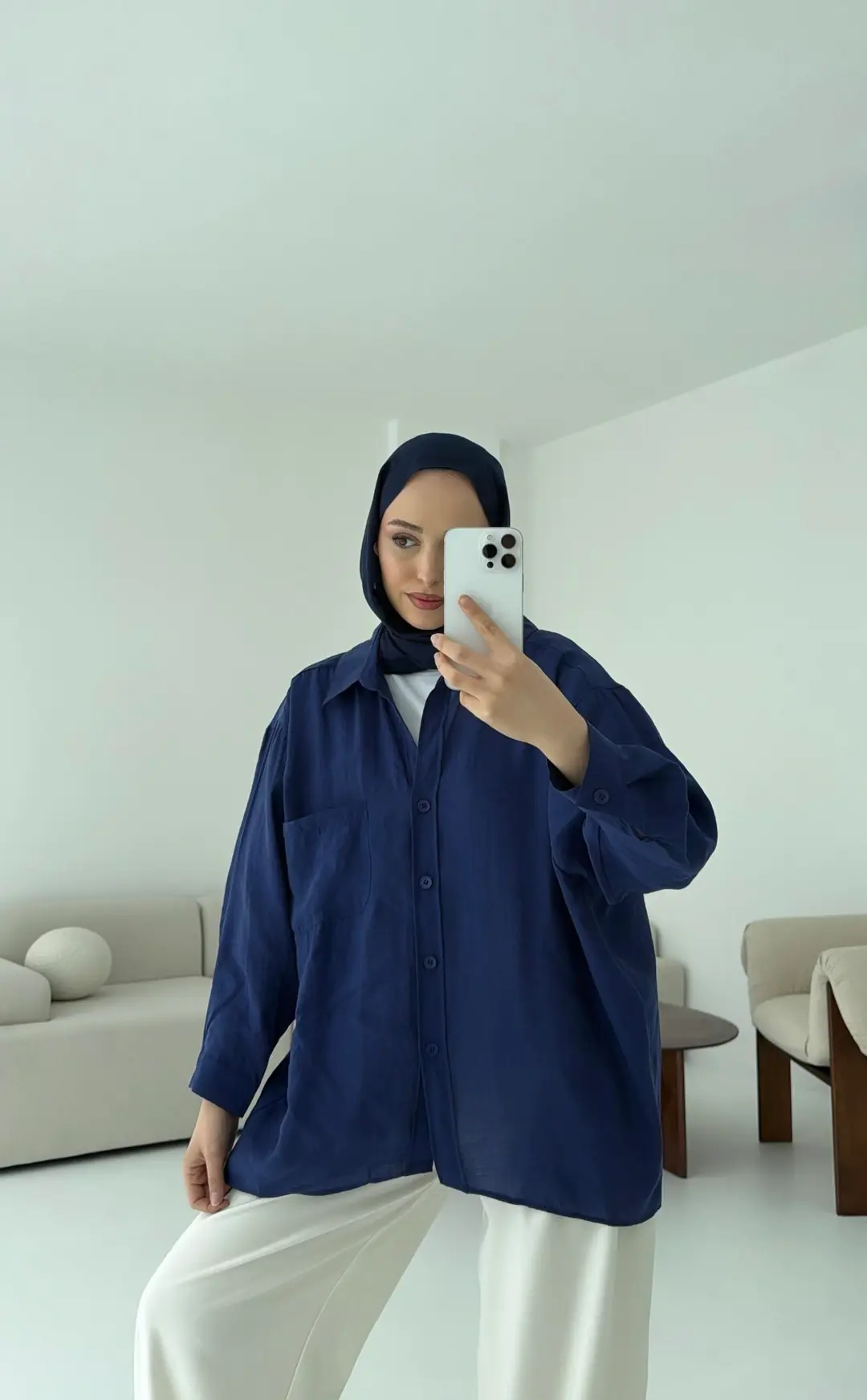 Düşük Omuz Oversize Gömlek Lacivert - Görsel 4