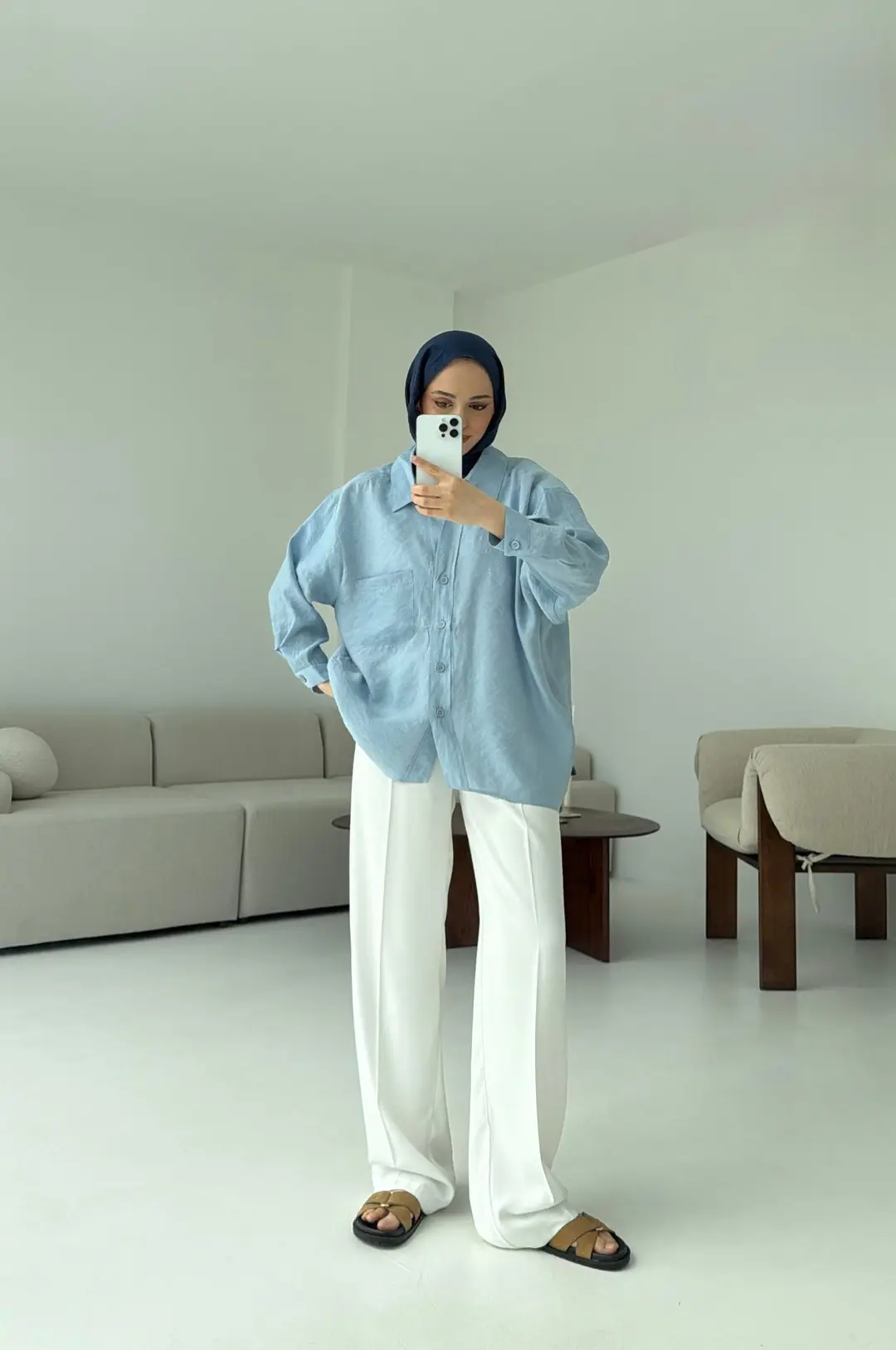 Düşük Omuz Oversize Gömlek Mavi - Görsel 7