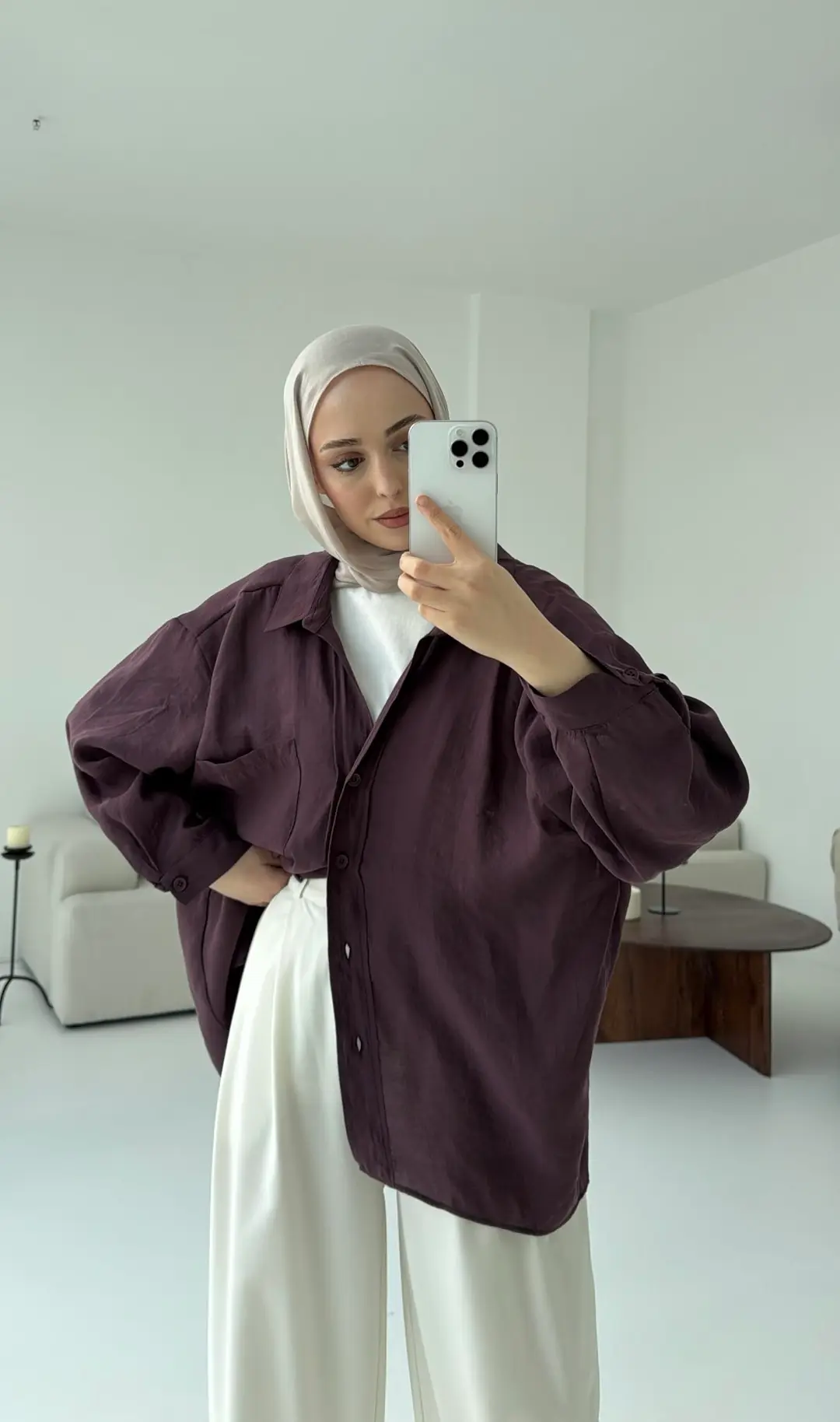 Düşük Omuz Oversize Gömlek Mürdüm - Görsel 3