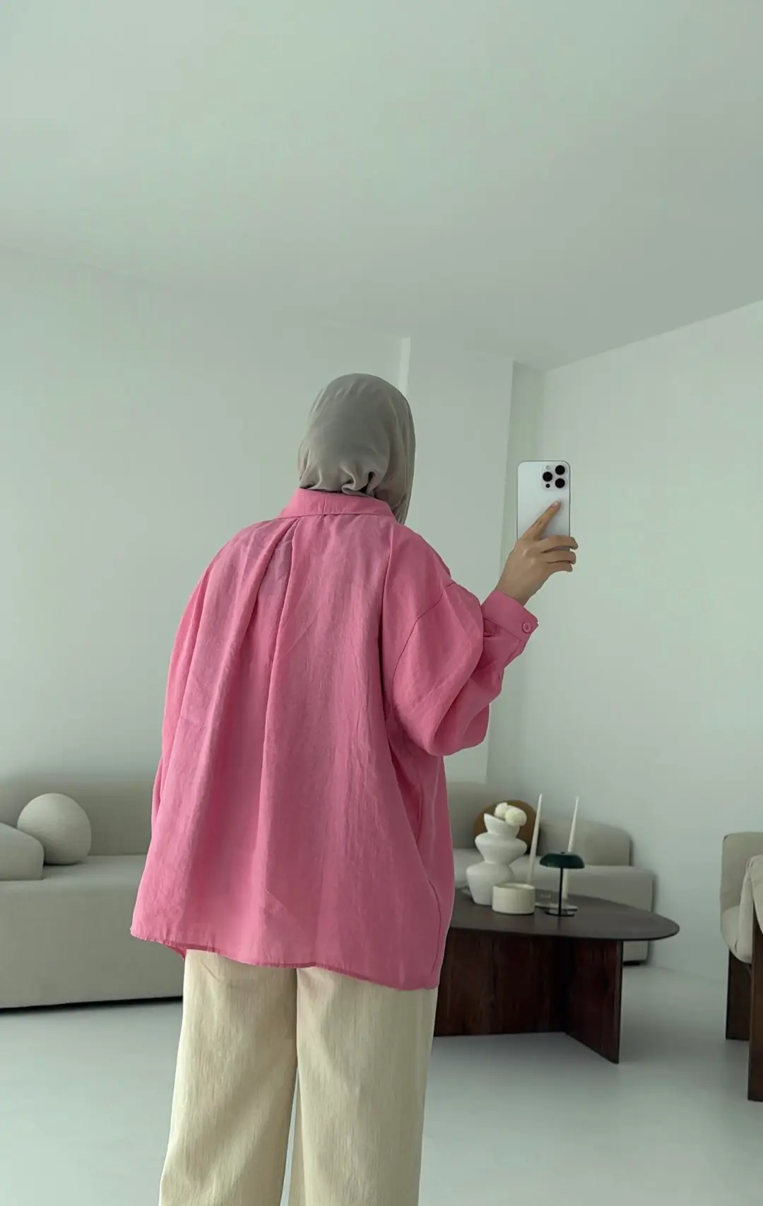 Düşük Omuz Oversize Gömlek Pembe - Görsel 3