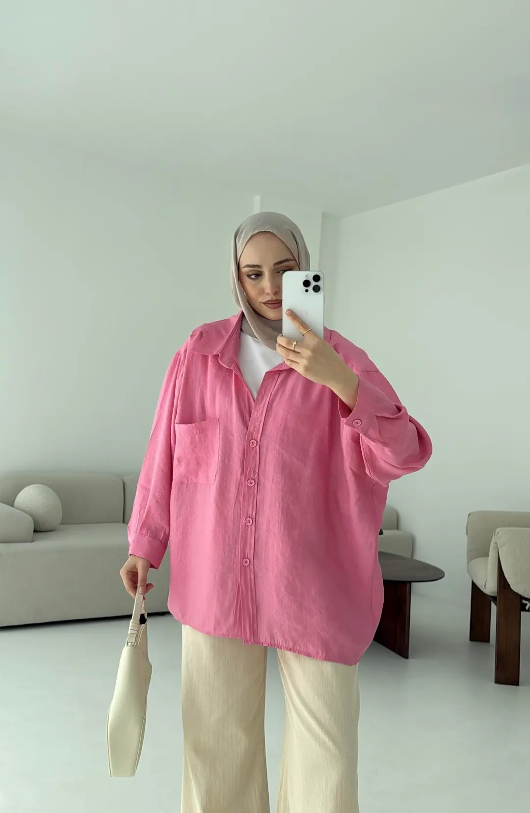 Düşük Omuz Oversize Gömlek Pembe - Görsel 6