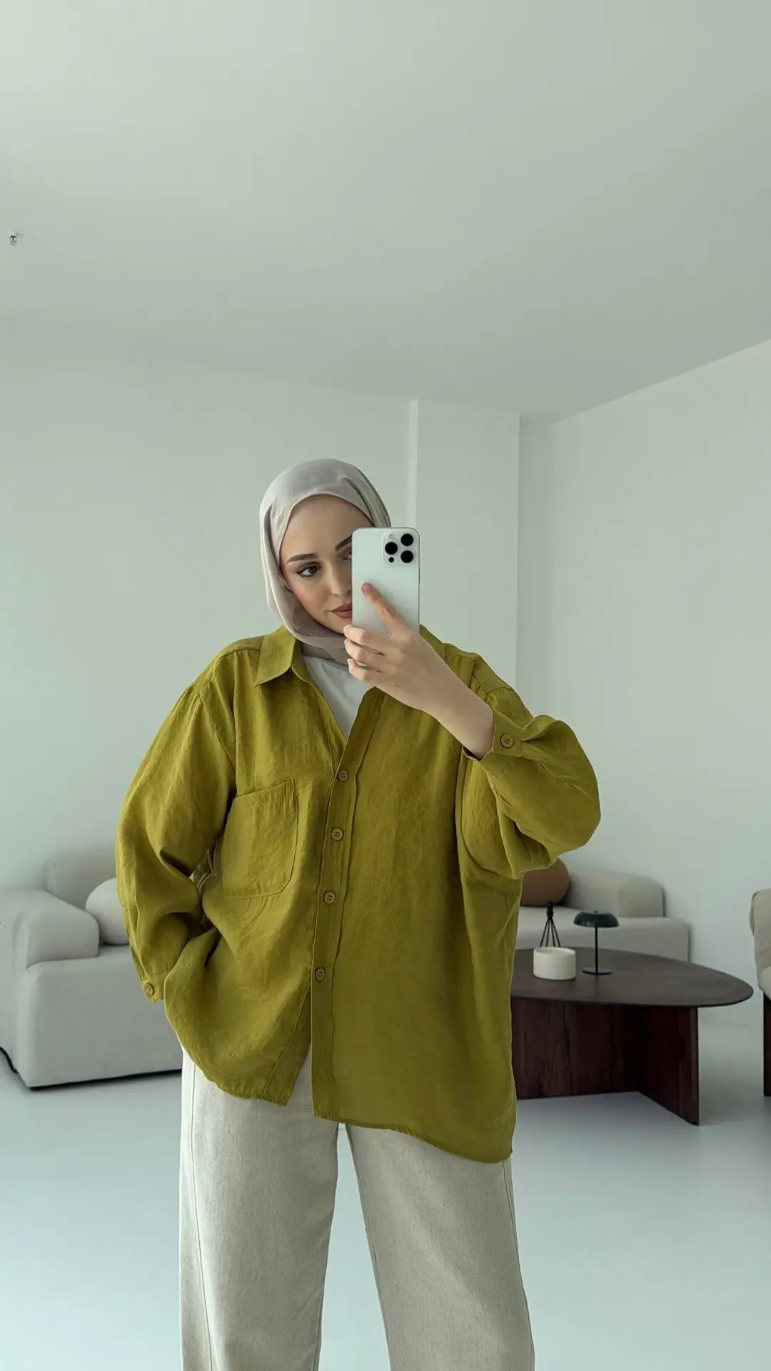 Düşük Omuz Oversize Gömlek Yağ Yeşili - Görsel 3