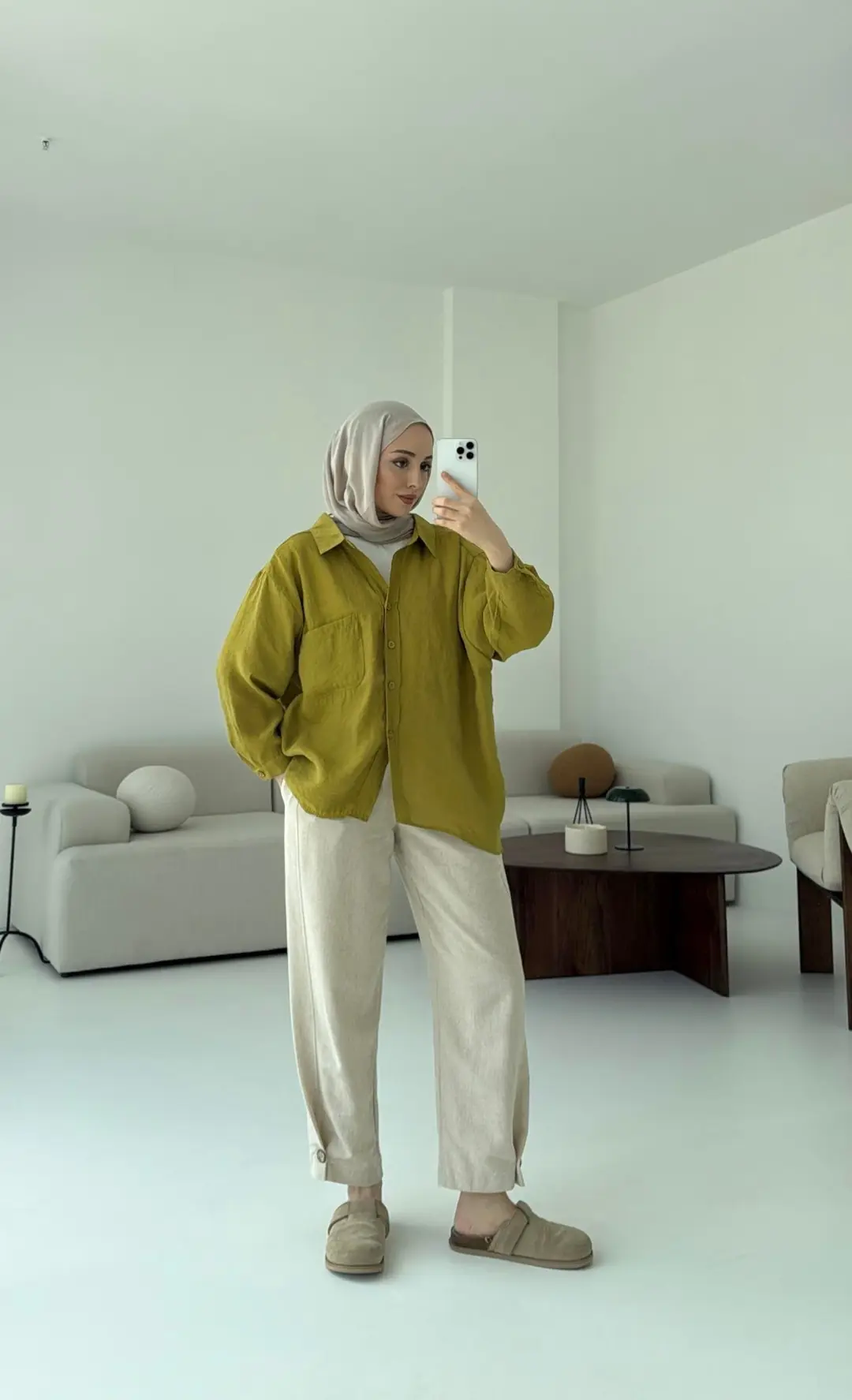 Düşük Omuz Oversize Gömlek Yağ Yeşili - Görsel 5