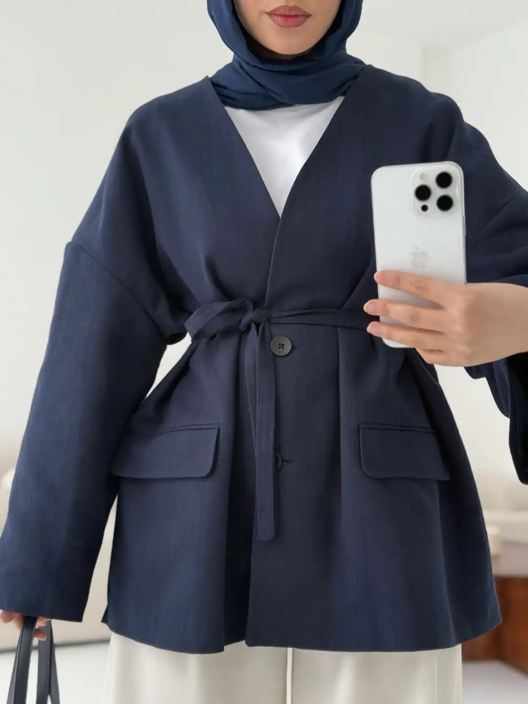 Düşük Omuz Oversize Lacivert Ceket - Görsel 7