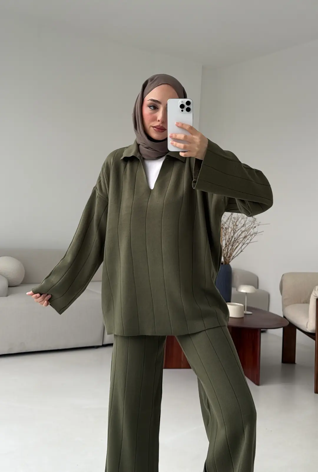 Düz Fitilli Triko Takım Haki - Görsel 2