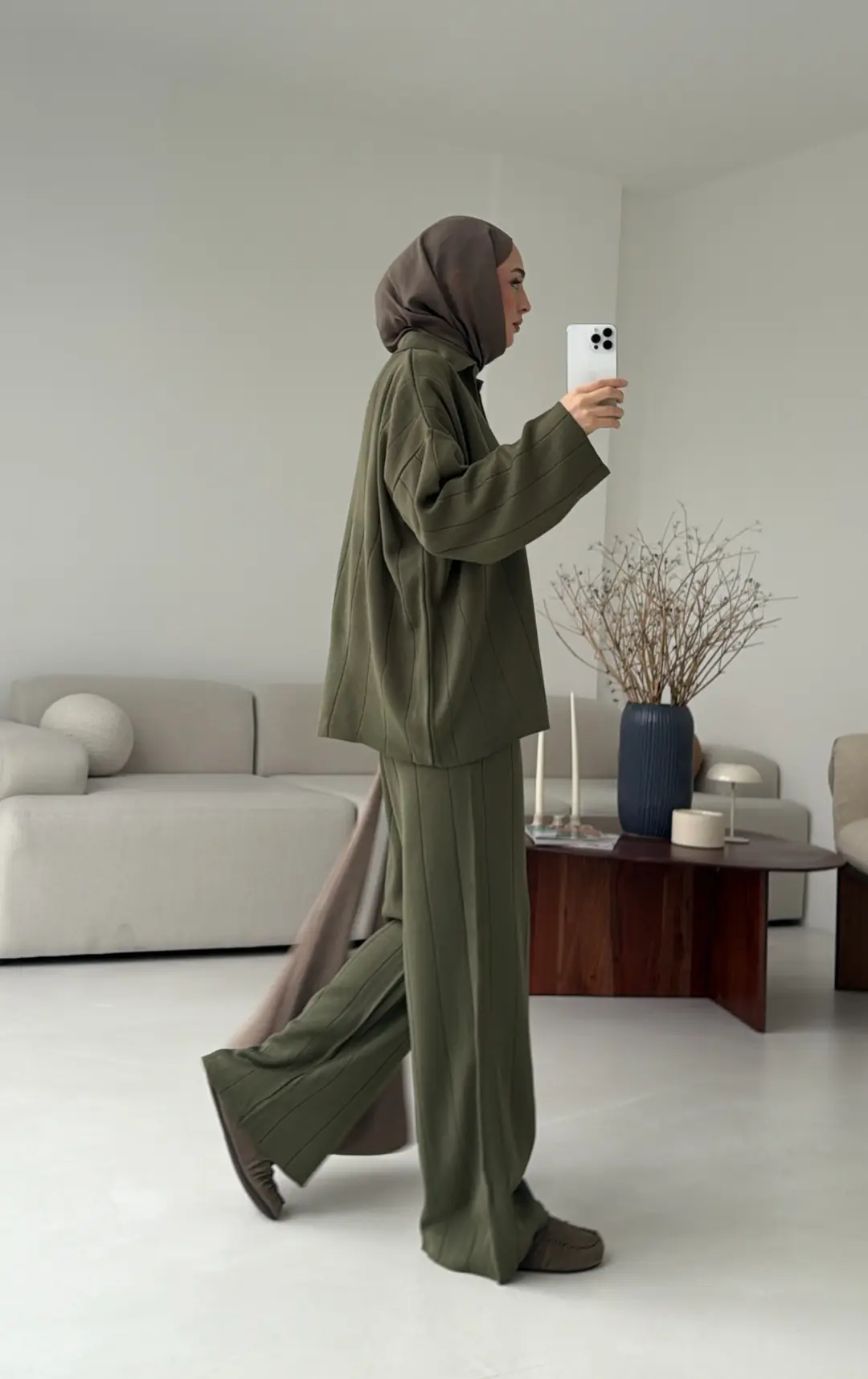 Düz Fitilli Triko Takım Haki - Görsel 3