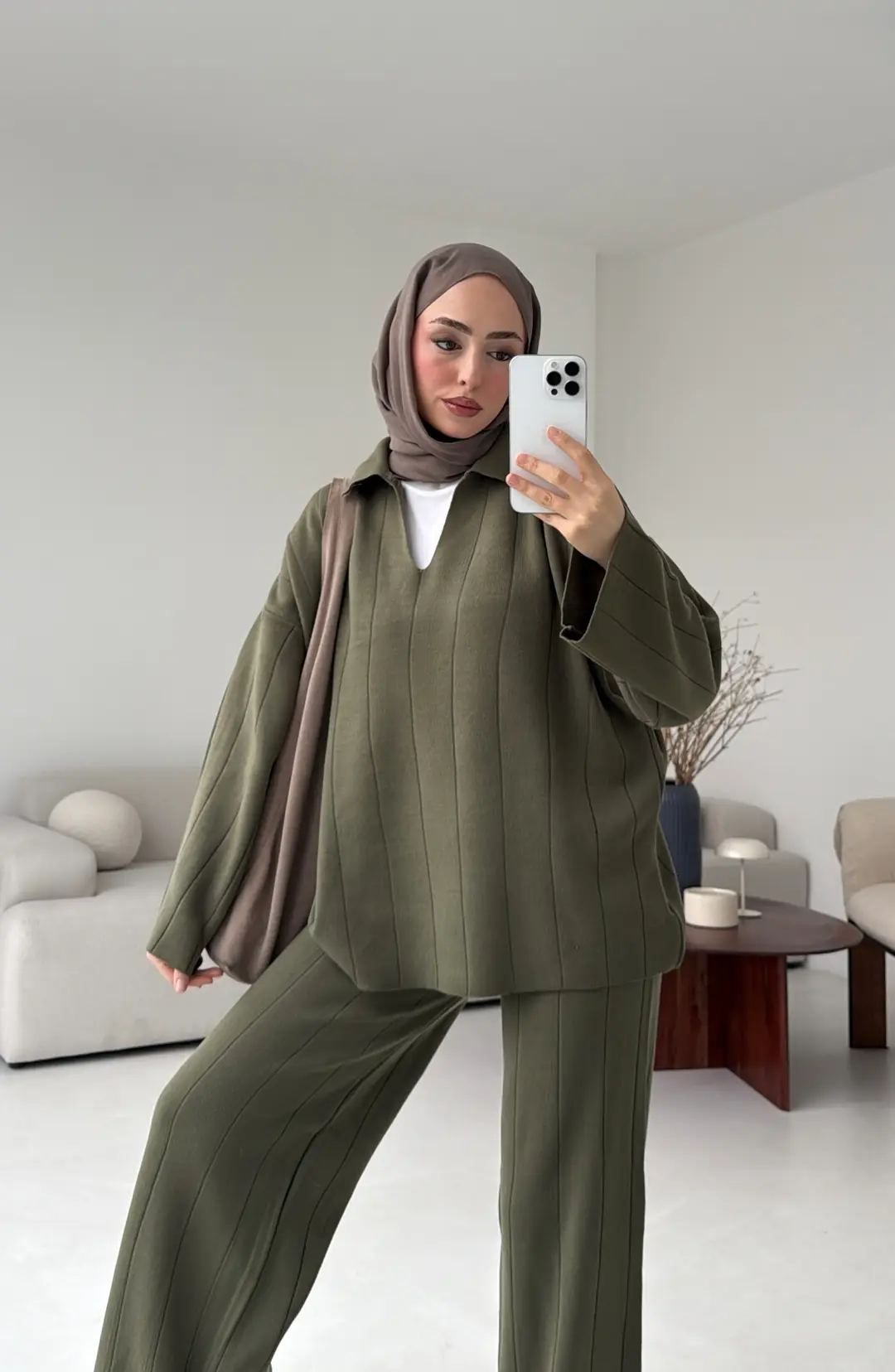 Düz Fitilli Triko Takım Haki - Görsel 6