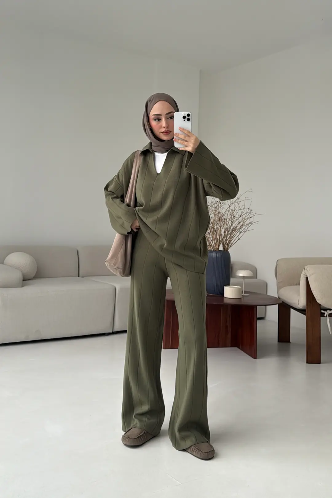 Düz Fitilli Triko Takım Haki - Görsel 8