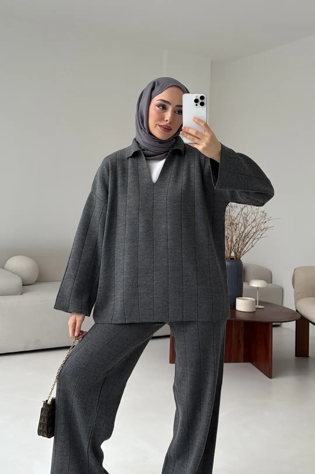 Düz Fitilli Triko Takım Koyu Gri - Görsel 3