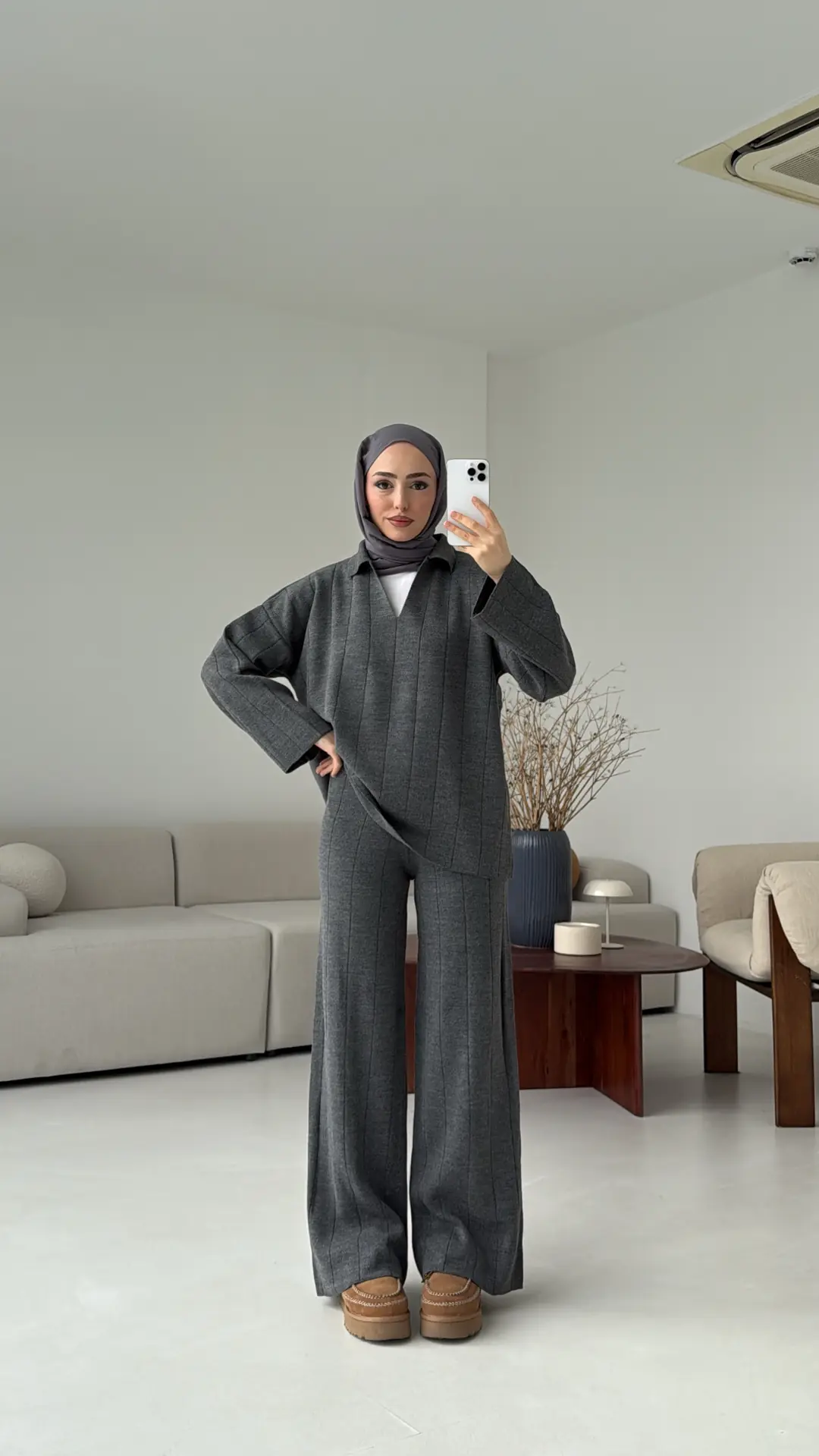 Düz Fitilli Triko Takım Koyu Gri - Görsel 5