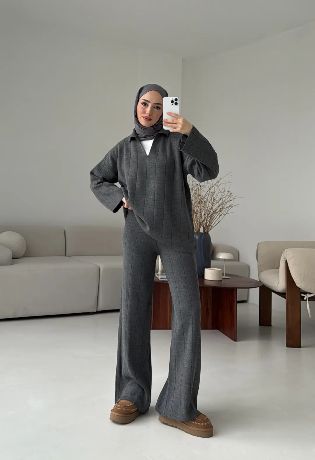 Düz Fitilli Triko Takım Koyu Gri - Görsel 7