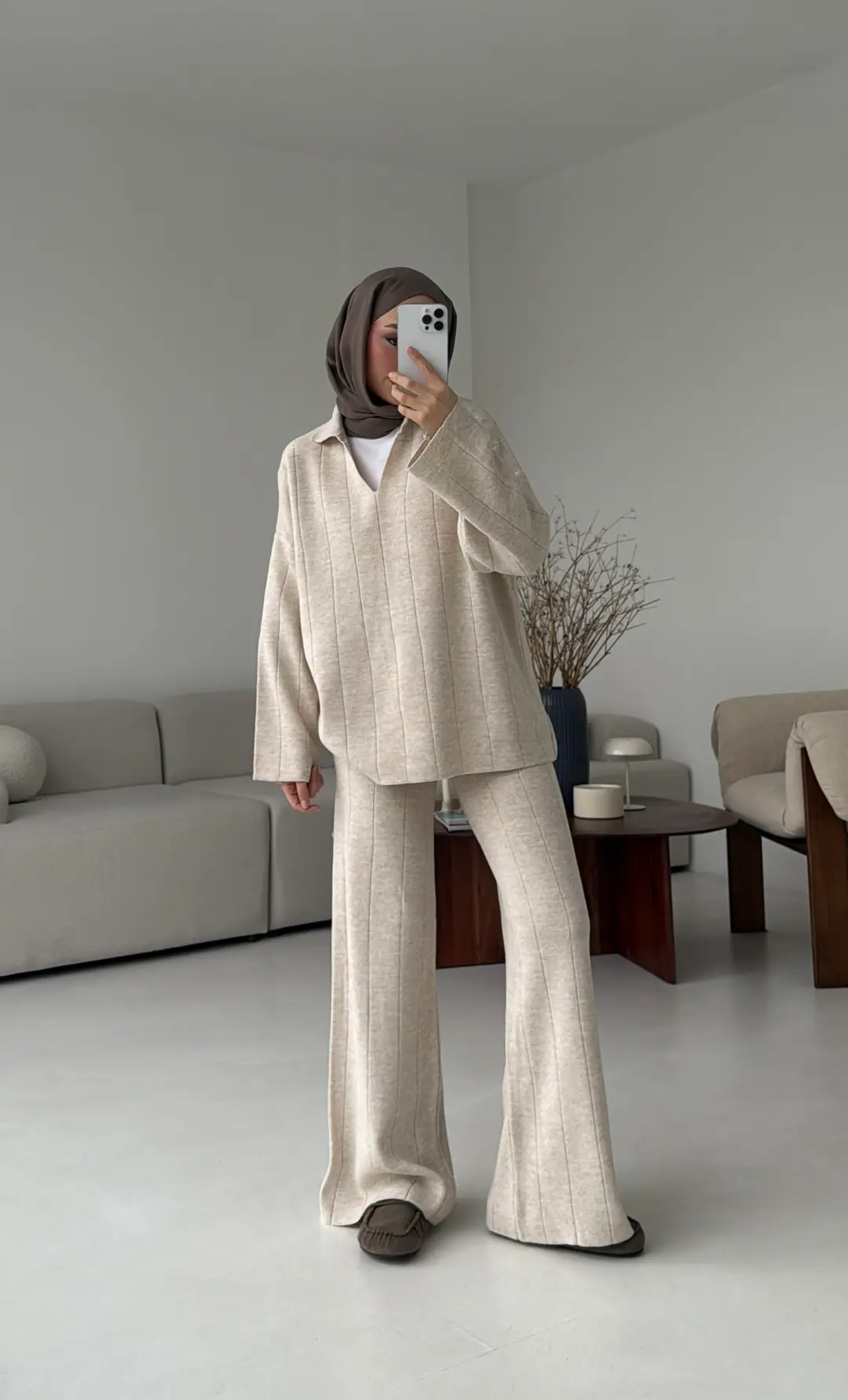 Düz Fitilli Triko Takım Krem Bej - Görsel 2