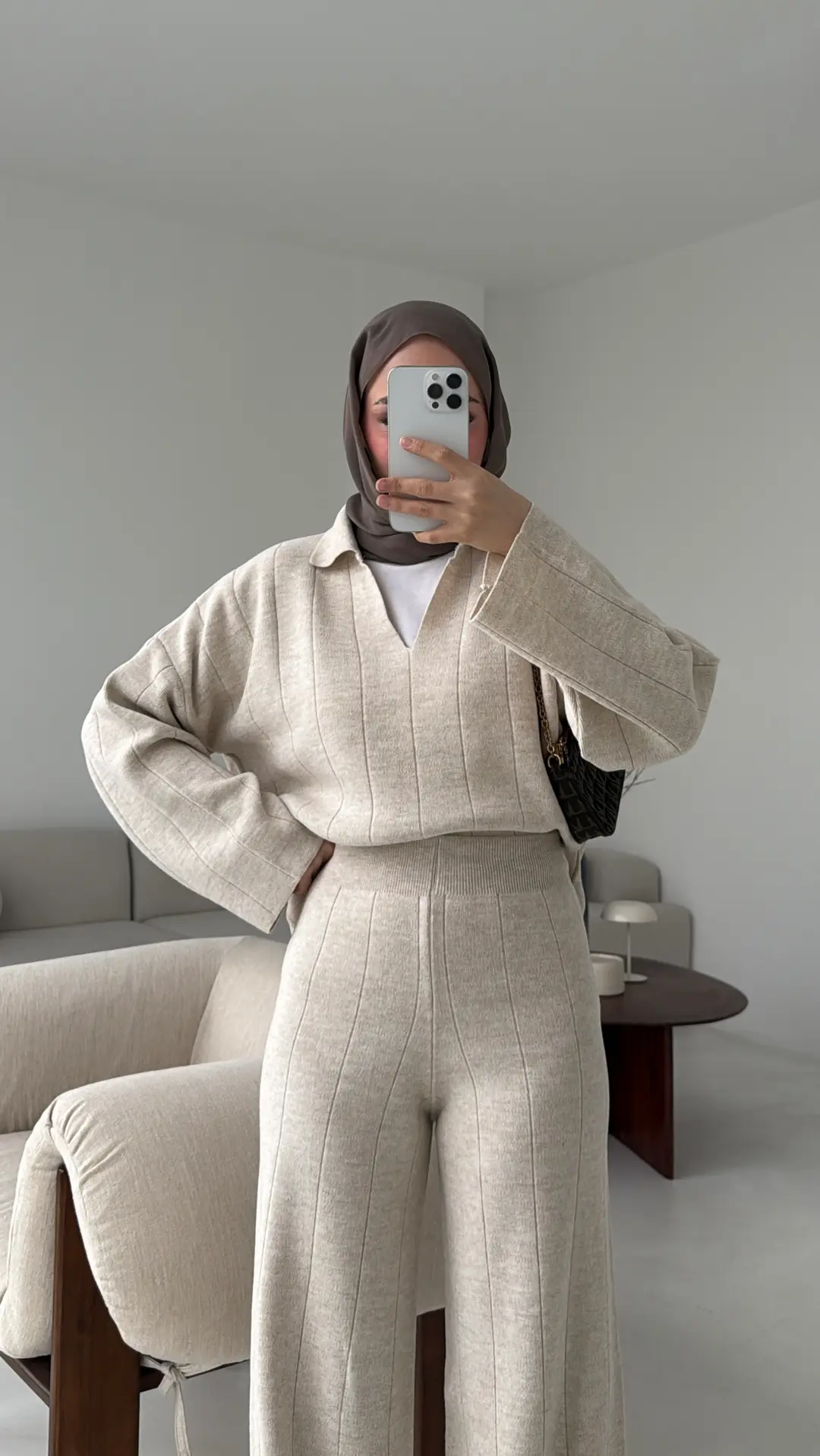 Düz Fitilli Triko Takım Krem Bej - Görsel 5