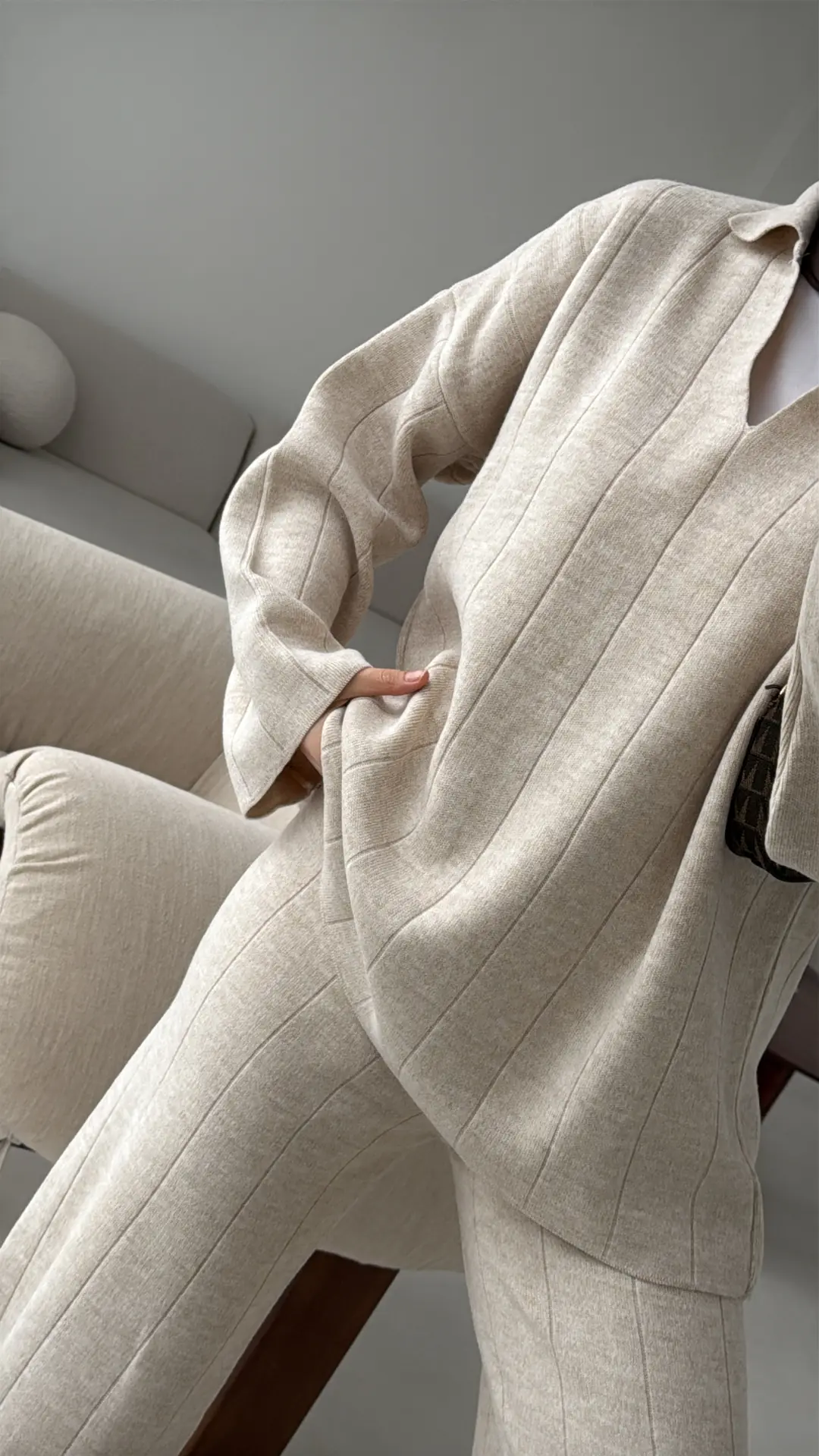 Düz Fitilli Triko Takım Krem Bej - Görsel 7