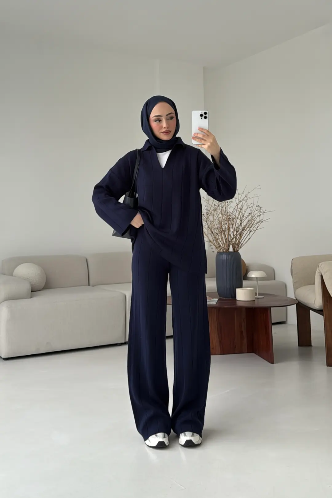 Düz Fitilli Triko Takım Lacivert - Görsel 5