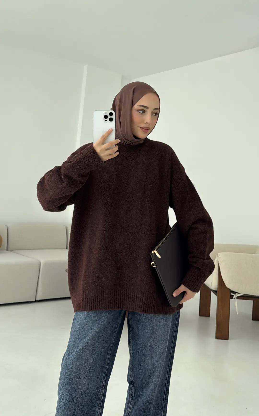 Düz Triko Kazak Kahve - Görsel 6