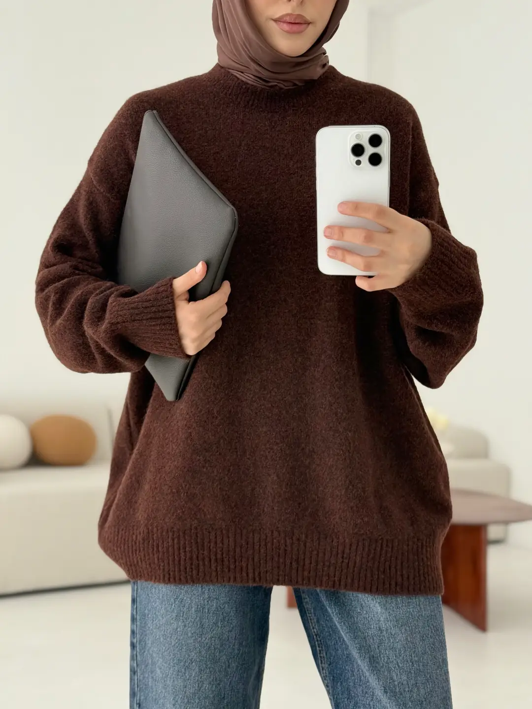 Düz Triko Kazak Kahve - Görsel 9