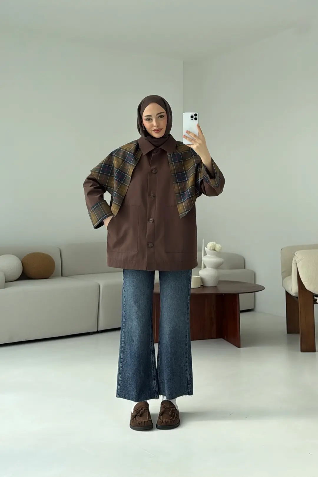 Ekose Garnili Trençkot Kahve - Görsel 3