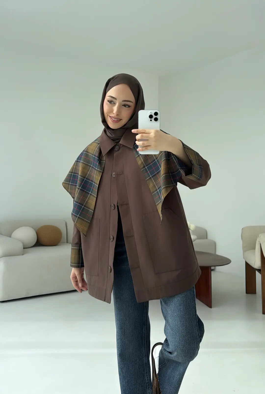 Ekose Garnili Trençkot Kahve - Görsel 5