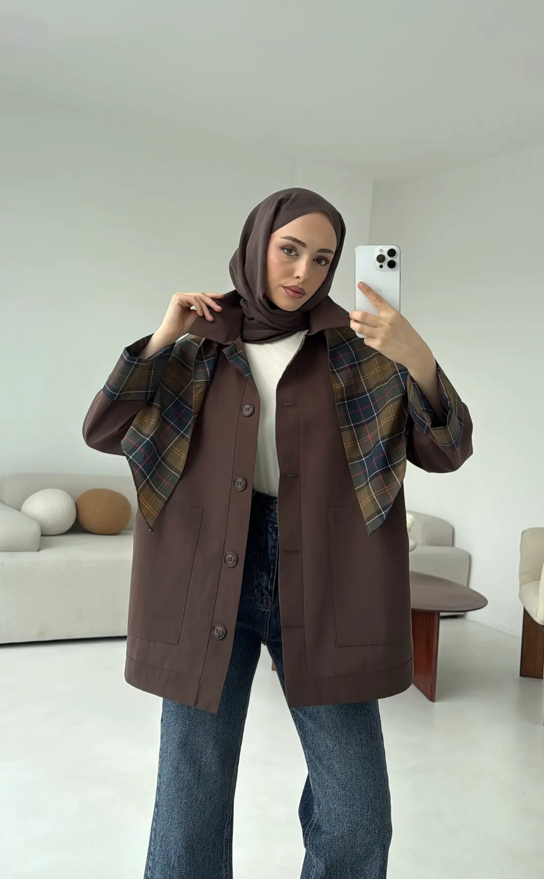 Ekose Garnili Trençkot Kahve - Görsel 7