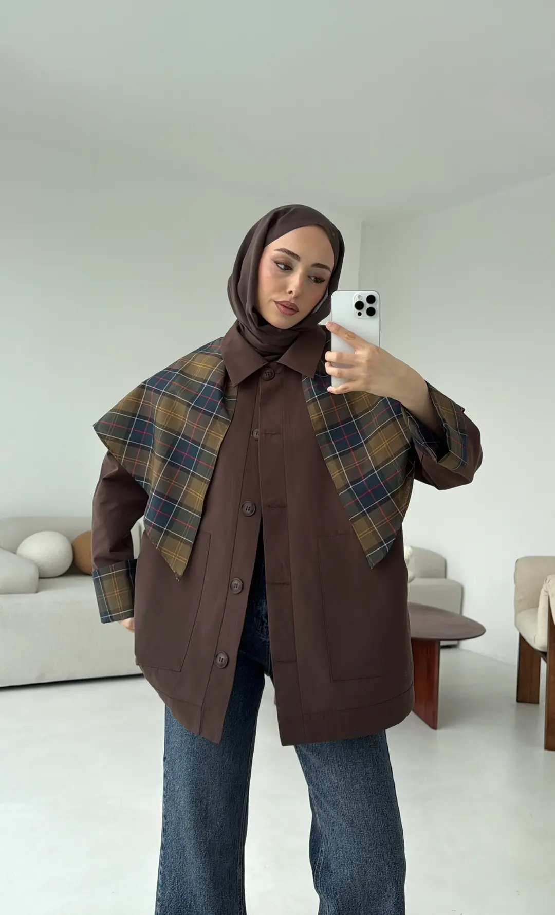 Ekose Garnili Trençkot Kahve - Görsel 8