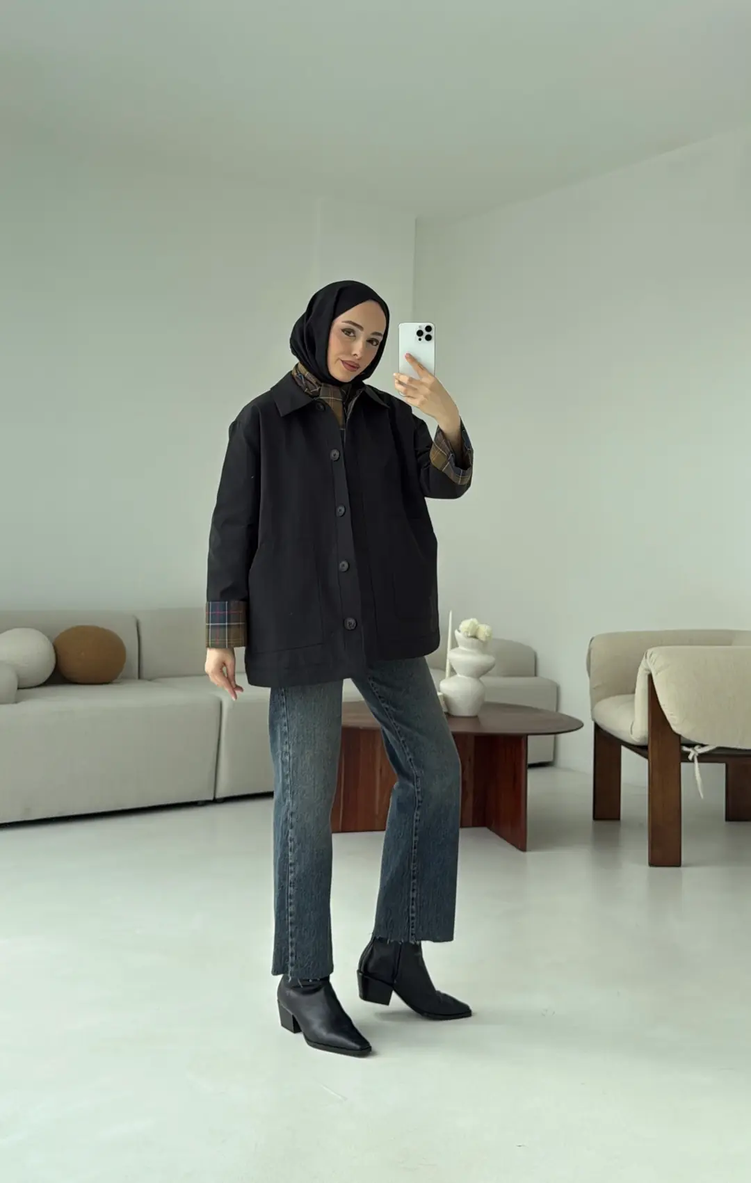 Ekose Garnili Trençkot Siyah - Görsel 5