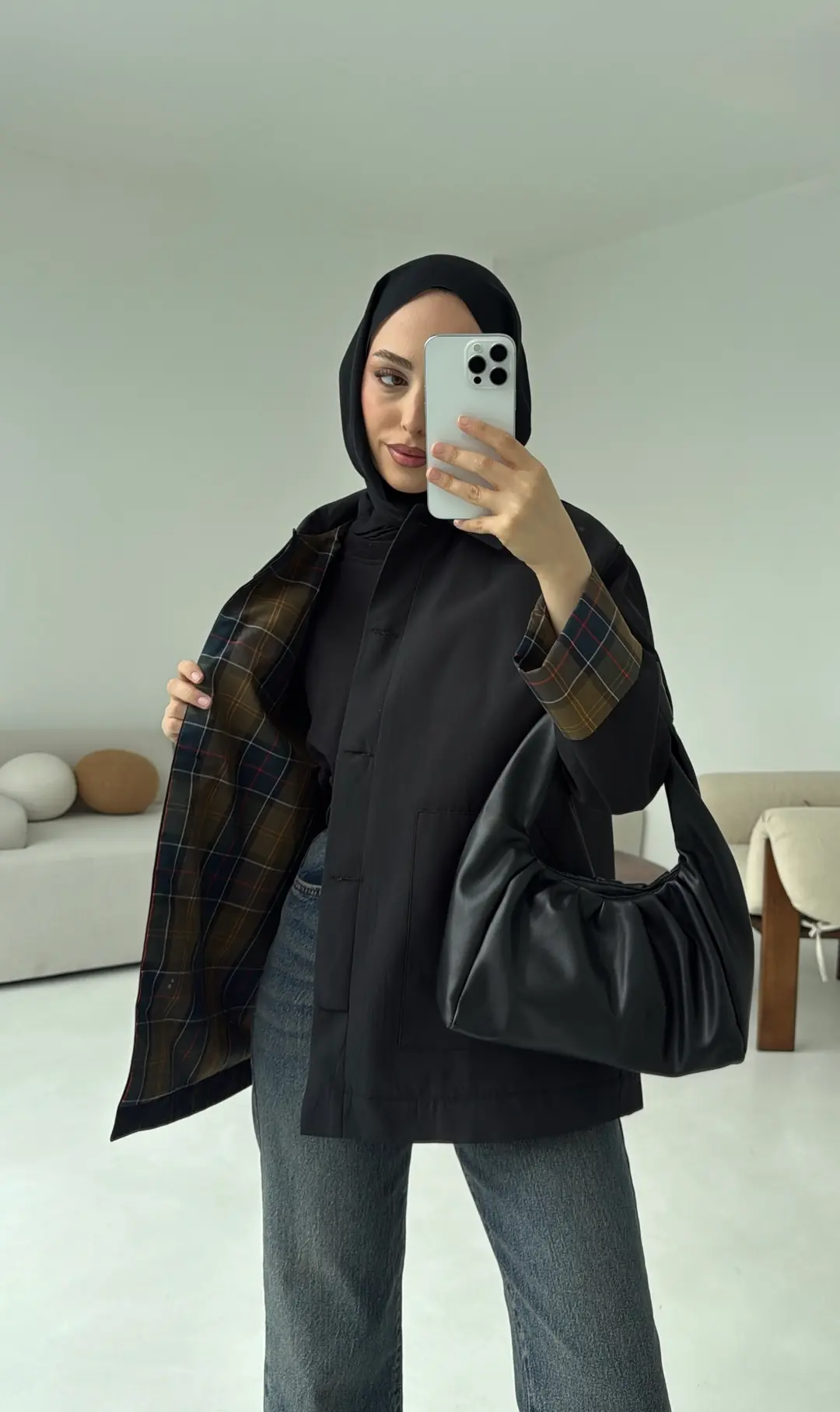 Ekose Garnili Trençkot Siyah - Görsel 8