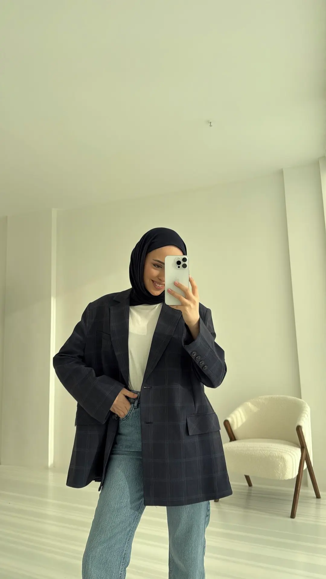 Ekose Oversize Blazer Ceket Lacivert - Görsel 2