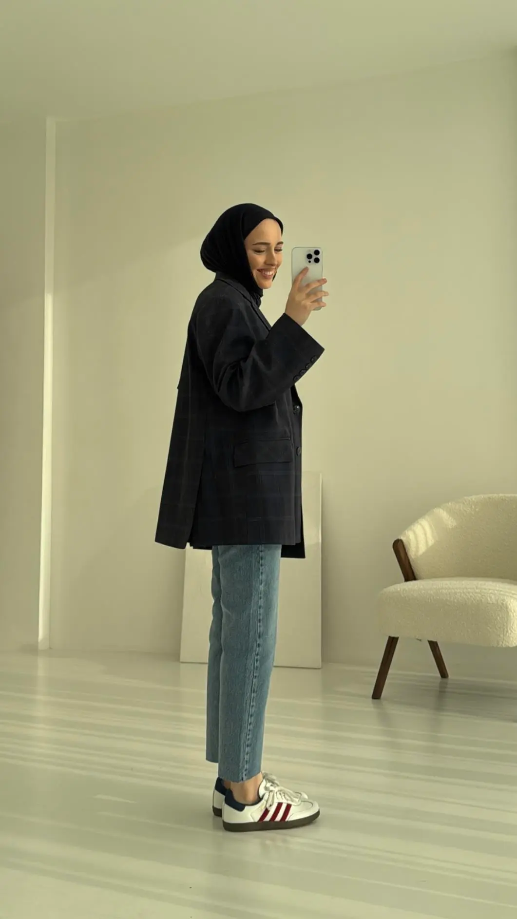 Ekose Oversize Blazer Ceket Lacivert - Görsel 5