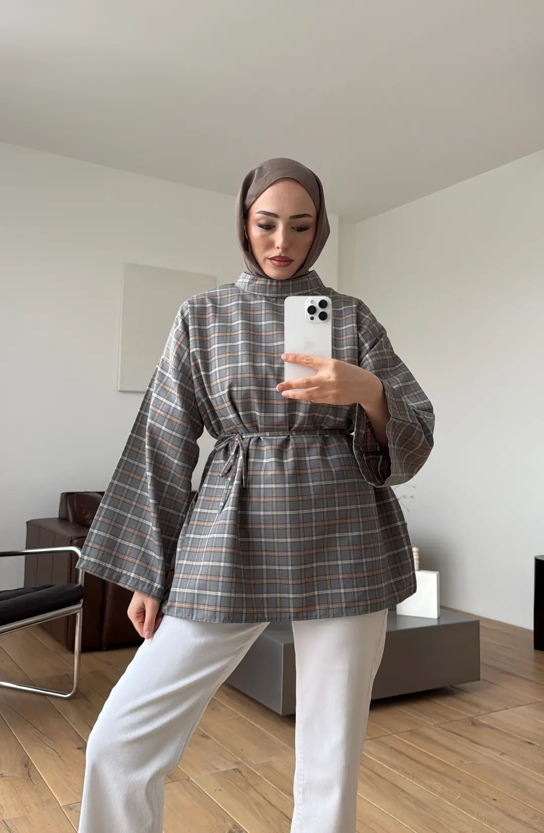 Ekose Şallı Gömlek Gri - Görsel 5