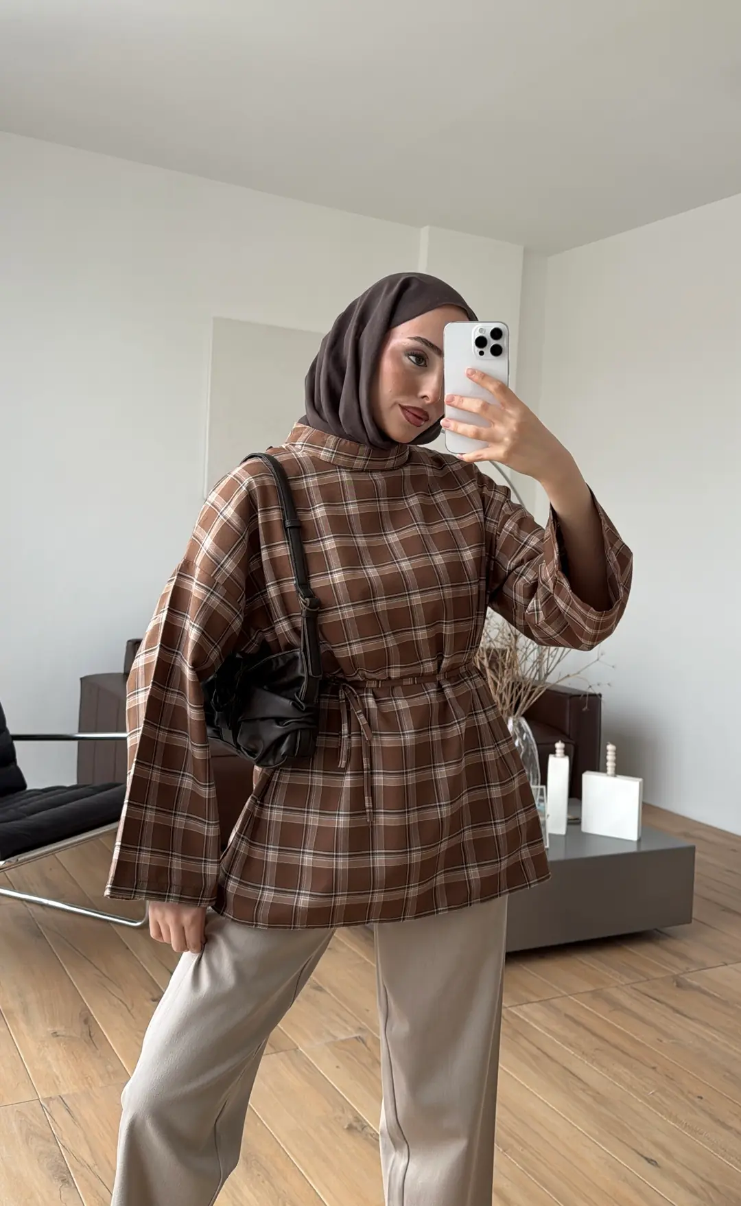 Ekose Şallı Gömlek Kahve - Görsel 5