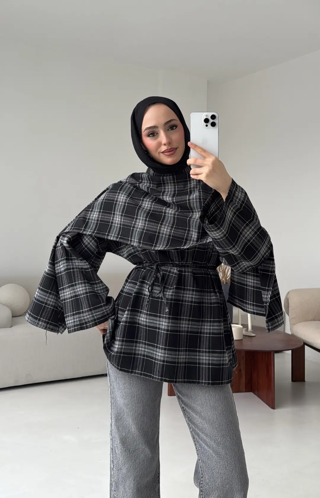 Ekose Şallı Gömlek Siyah - Görsel 2