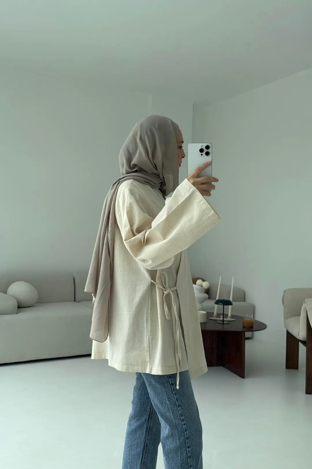 Ekru Yırtmaç Detay Keten Kimono - Görsel 3