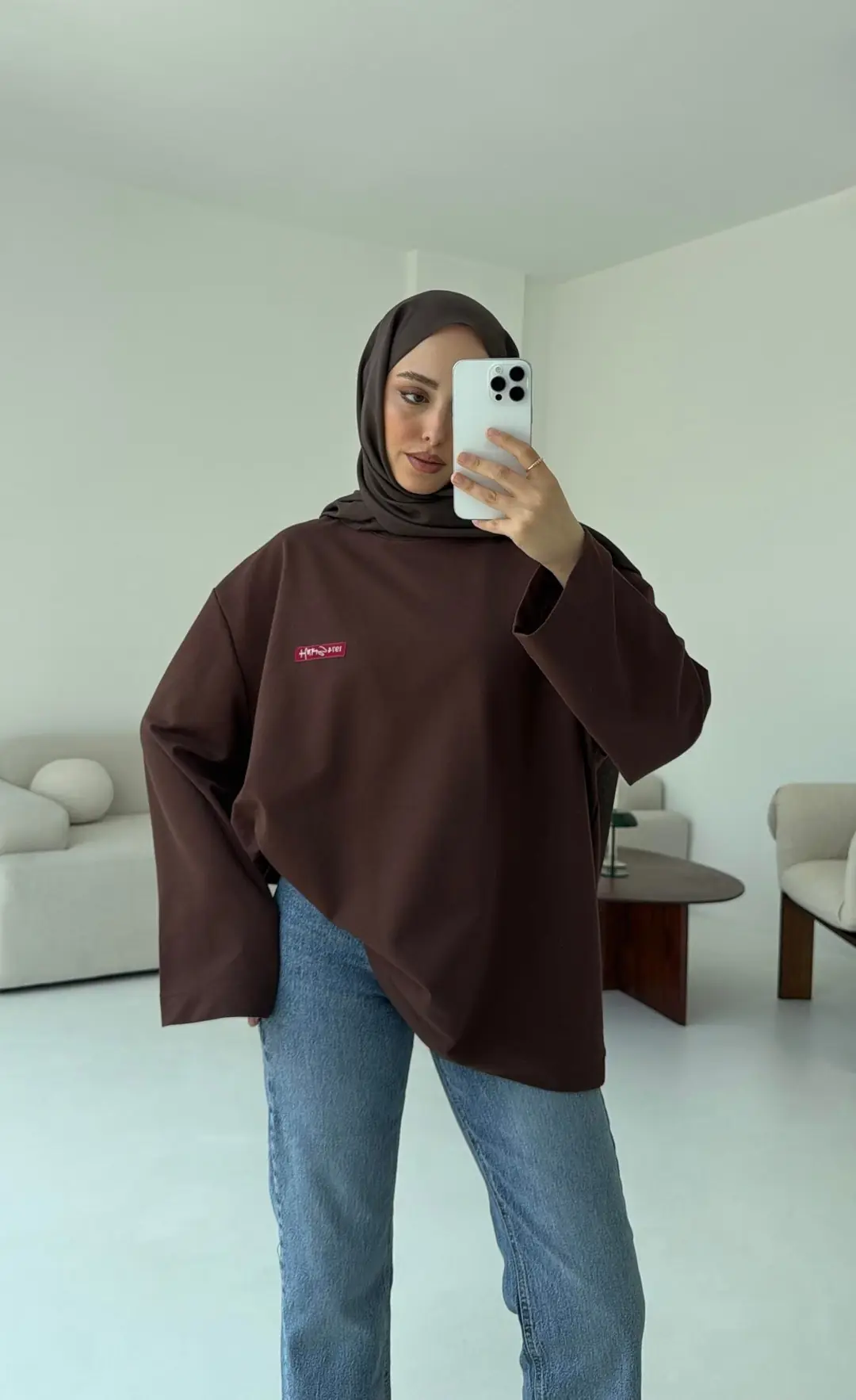 Etiket Baskılı  Sweatshirt Kahve - Görsel 2
