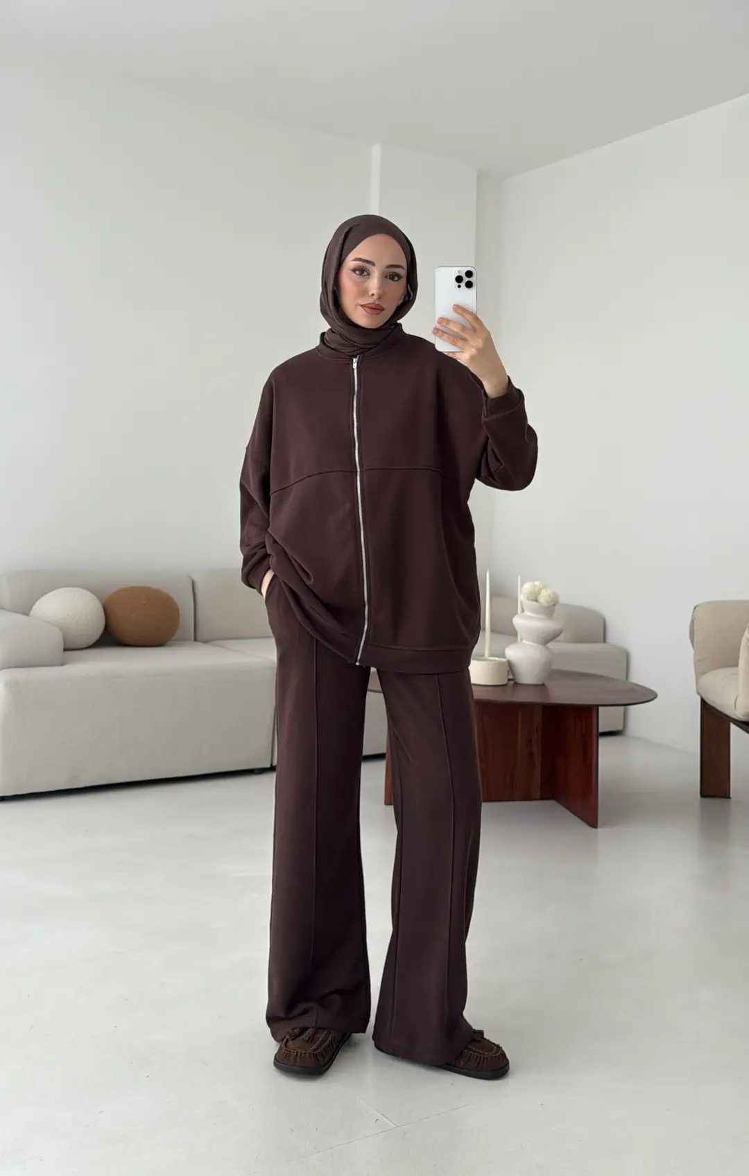 Fermuarlı 3 İplik Takım Kahve