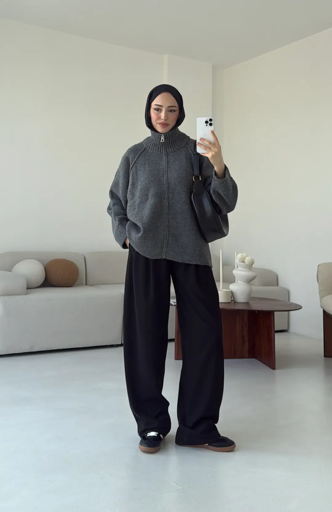 Fermuarlı Şardonlu Hırka Antrasit