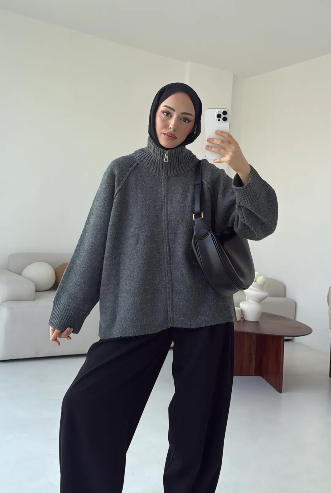 Fermuarlı Şardonlu Hırka Antrasit - Görsel 8