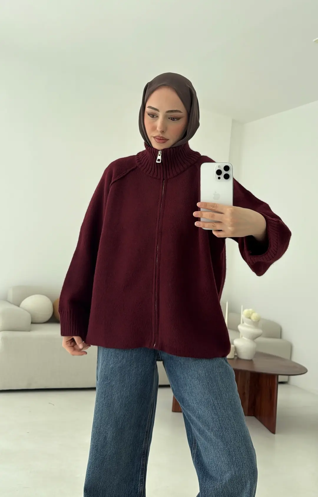 Fermuarlı Şardonlu Hırka Bordo - Görsel 2