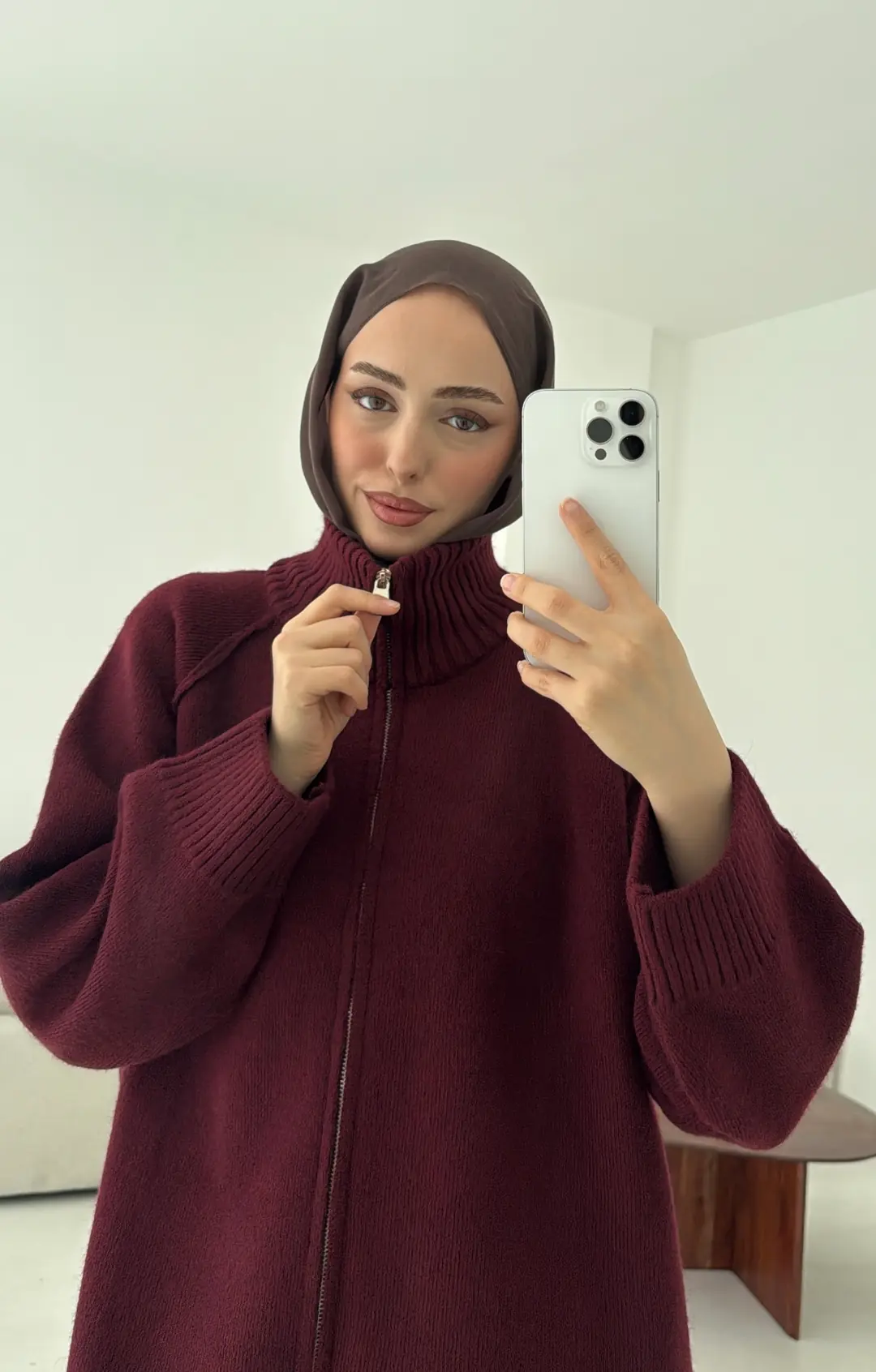 Fermuarlı Şardonlu Hırka Bordo - Görsel 5