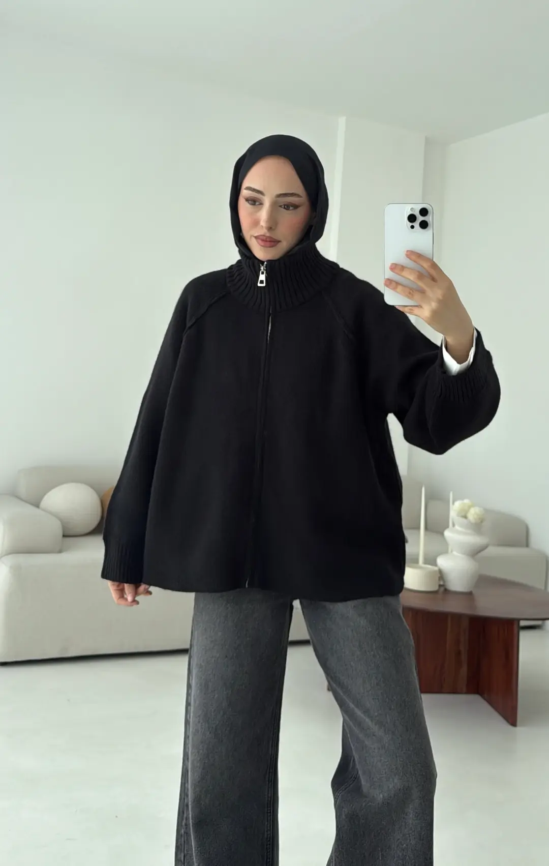 Fermuarlı Şardonlu Hırka Siyah - Görsel 8