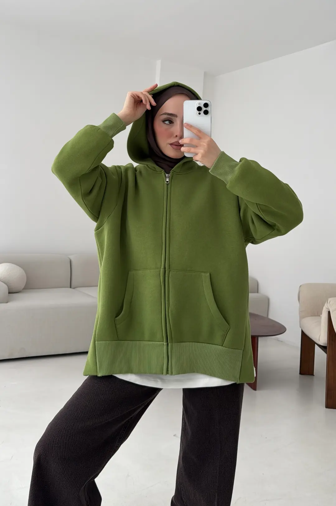 Fermuarlı Şardonlu Sweatshirt Yeşil - Görsel 2