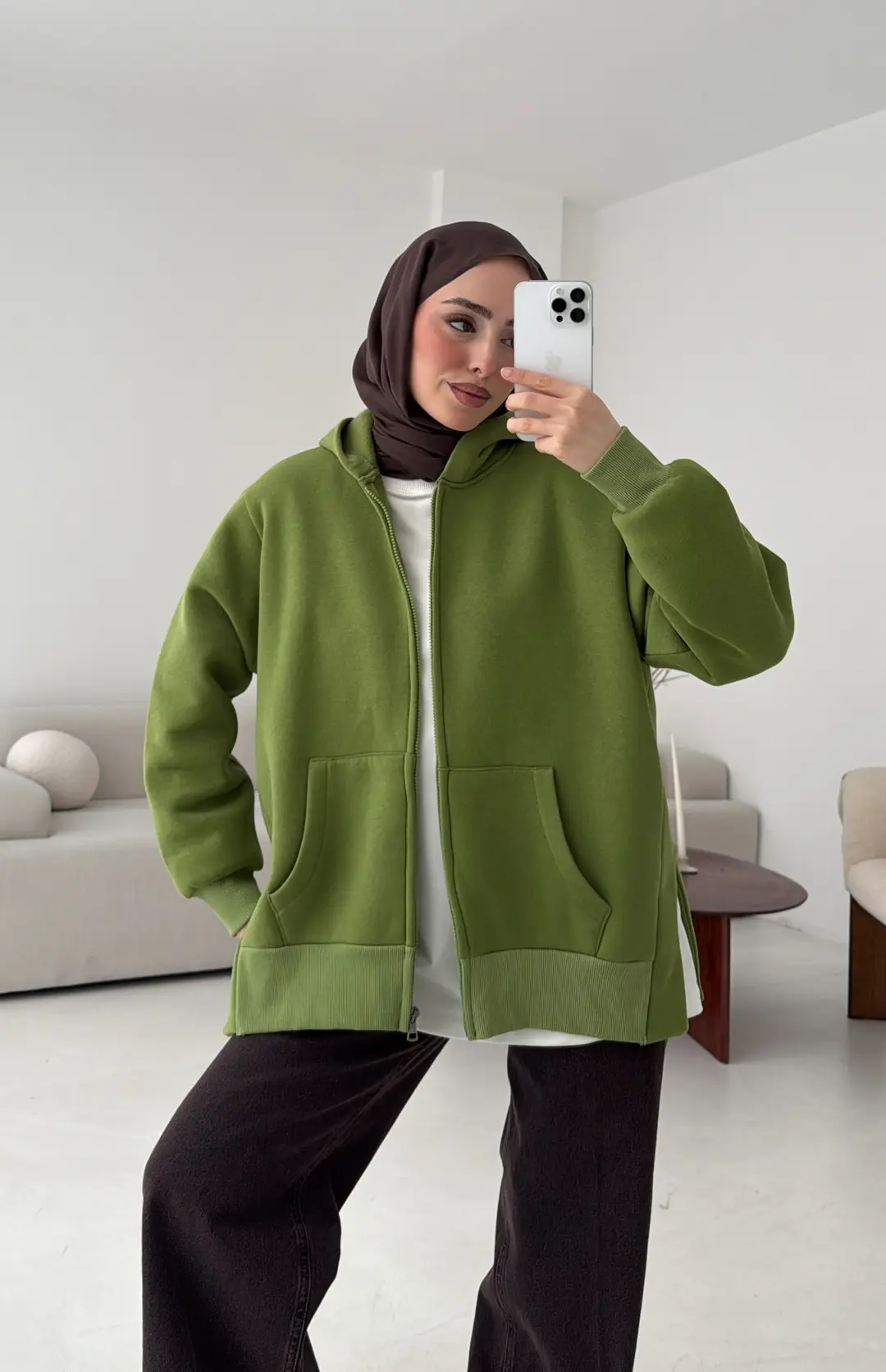 Fermuarlı Şardonlu Sweatshirt Yeşil - Görsel 3