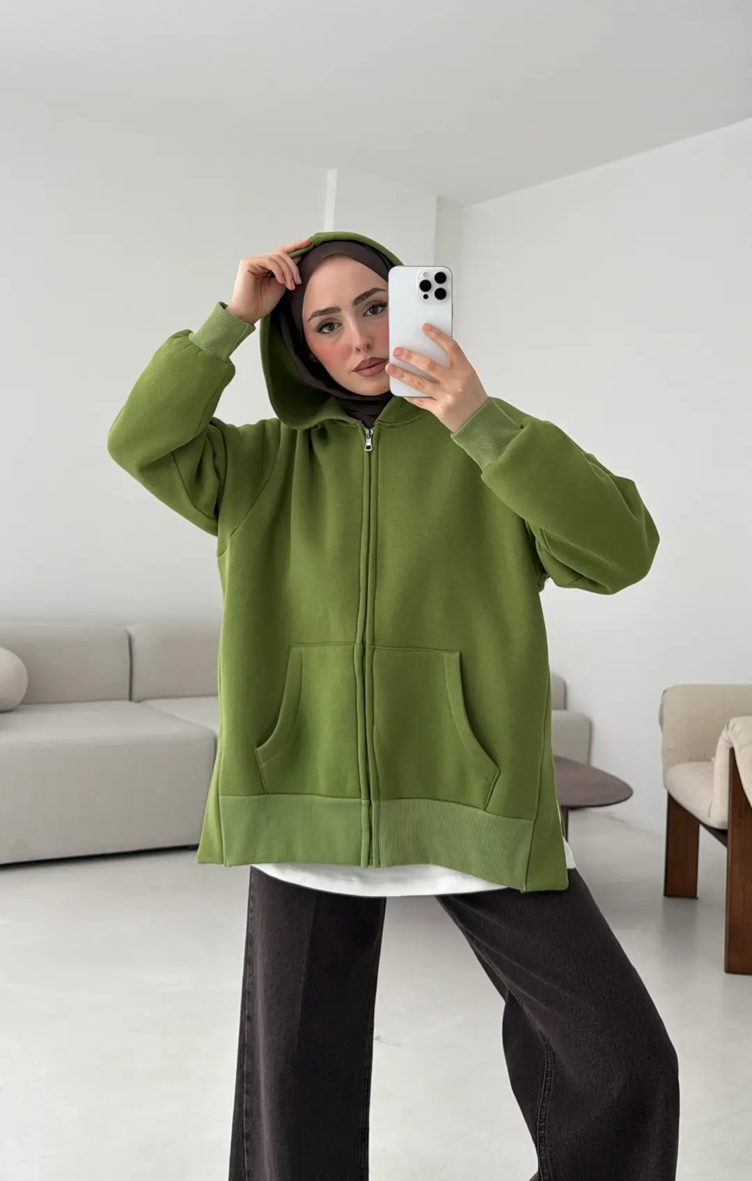 Fermuarlı Şardonlu Sweatshirt Yeşil - Görsel 4