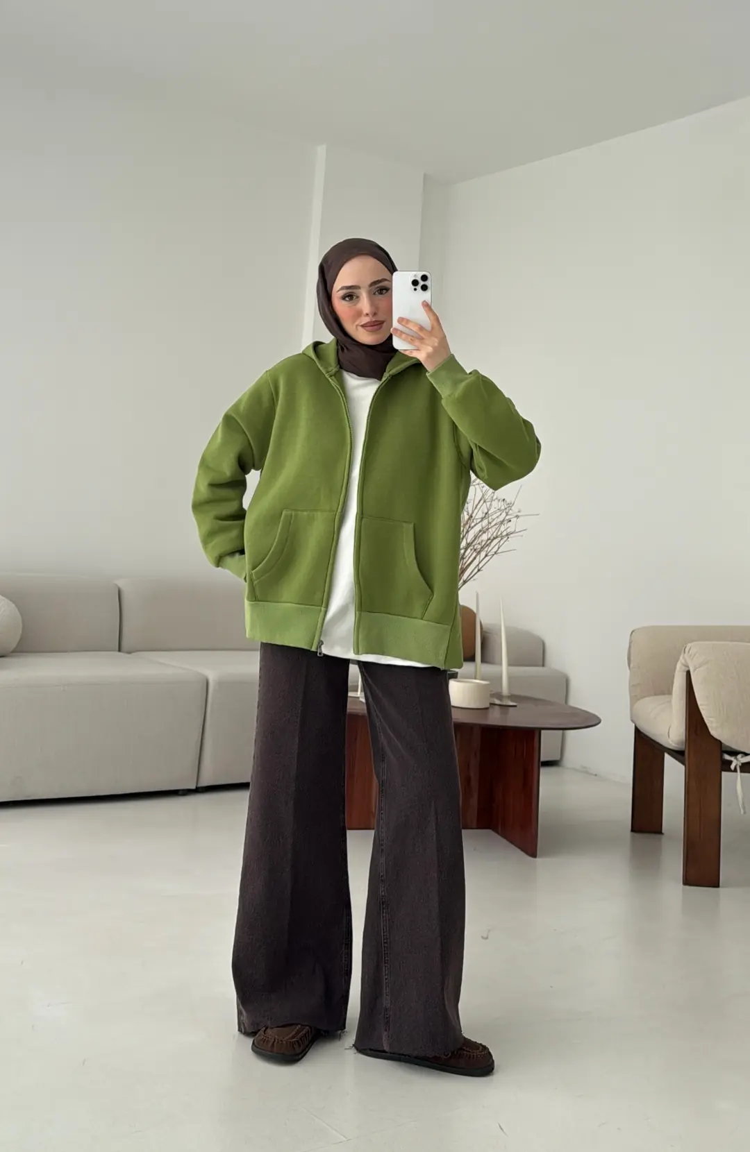 Fermuarlı Şardonlu Sweatshirt Yeşil - Görsel 5