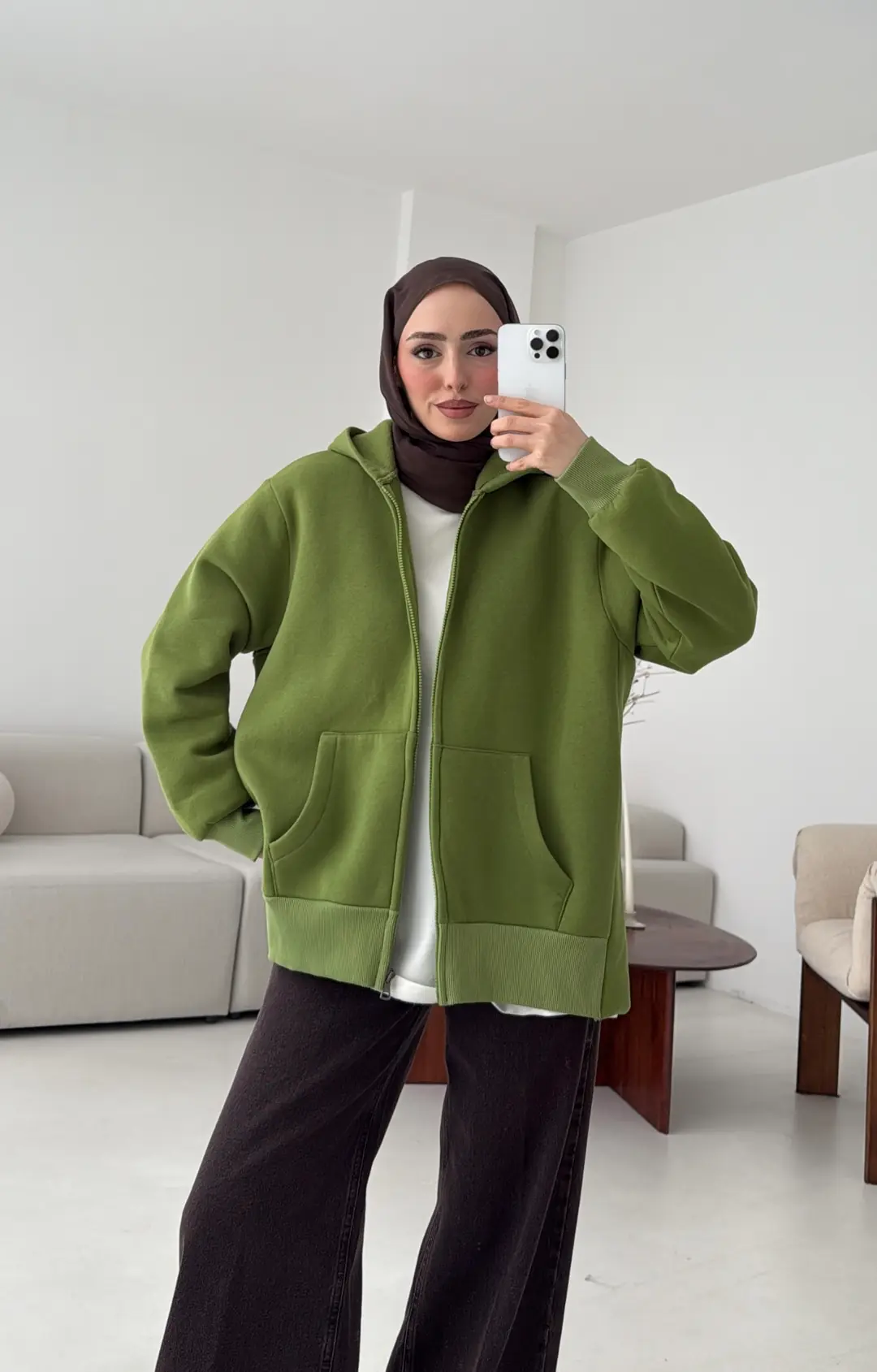 Fermuarlı Şardonlu Sweatshirt Yeşil - Görsel 6