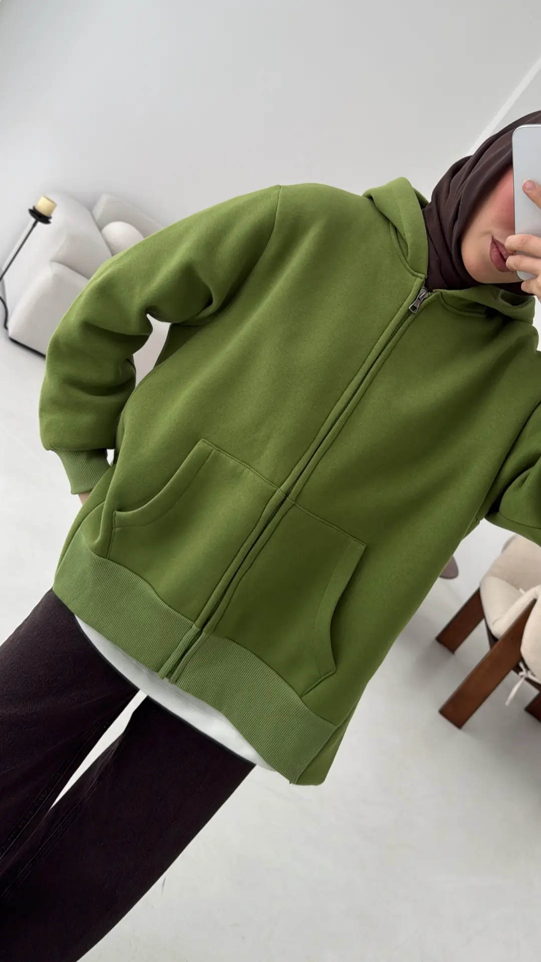 Fermuarlı Şardonlu Sweatshirt Yeşil - Görsel 7