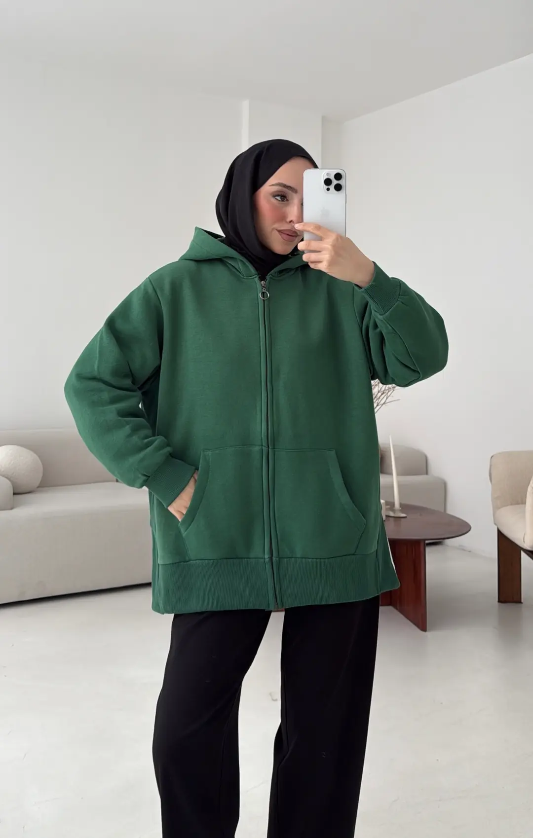 Fermuarlı Şardonlu Sweatshirt Zümrüt - Görsel 3