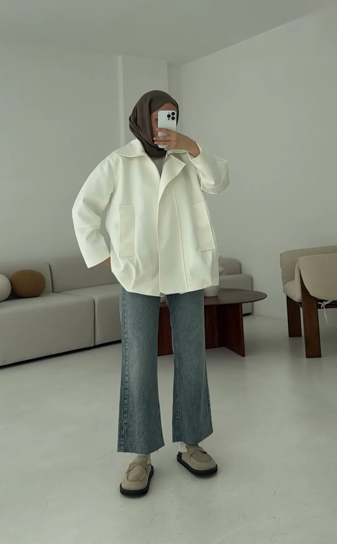 Fermuarlı Süet Ceket Beyaz - Görsel 5